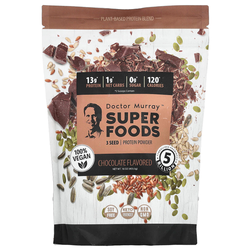 Dr. Murray's, Super Foods, порошок из 3 протеинов, тыква + лен + подсолнечник, шоколад, 453,5 г (16 унций)