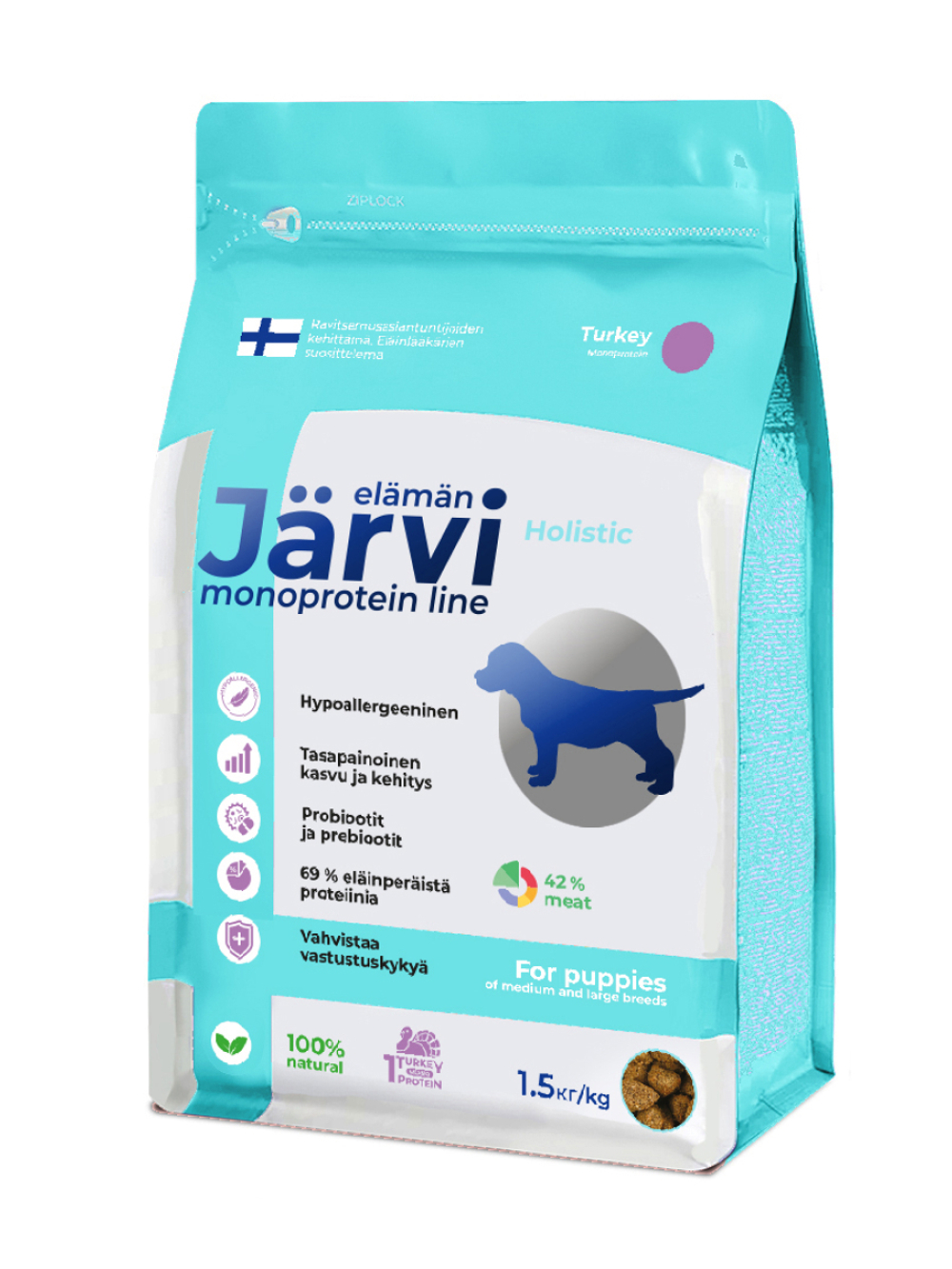 Jarvi сухой монопротеиновый полнорационный корм для щенков средних и крупных пород, Индейка, 1,5кг.