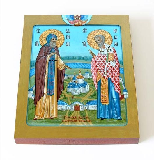 Икона Адриану Ондрусовскому и Николаю Чудотворцу, выполнена на доске 13*16,5 см.