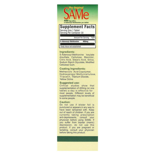 NutraLife, оригинальный SAMe, 400 мг, 30 таблеток, покрытых кишечнорастворимой оболочкой