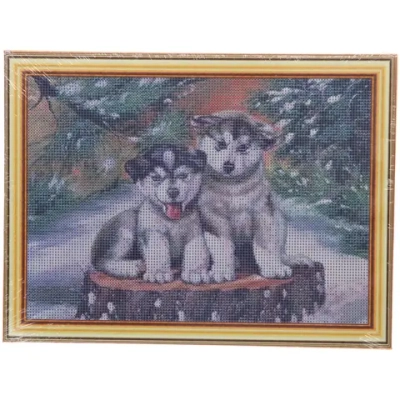 Алмазная мозаика на подрамнике с полным заполнением «МИР ЯРКИХ КРАСОК», щенки хаски, 30*40см