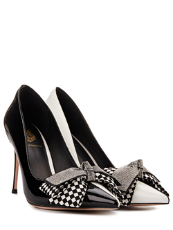 Женские туфли кожаные черно-белые с бантом у носка