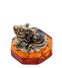 Народные промыслы AM-2272 Фигурка «Мышь Фен-шуй на монетках» (латунь, янтарь)