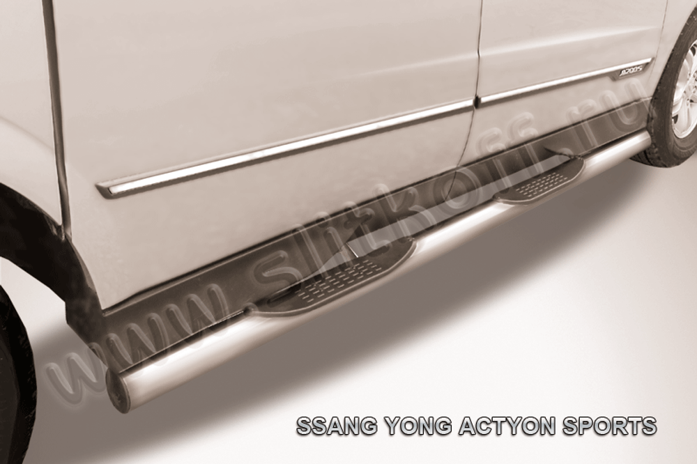 Пороги из нержавейки SsangYong Actyon Sport (2012-2016) d76 с проступями (черный цвет)