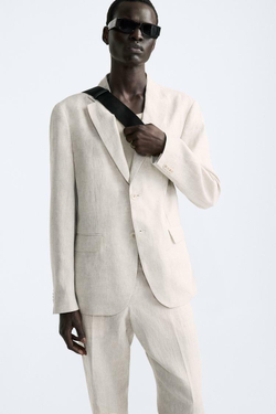 ZARA КОСТЮМНЫЙ ПИДЖАК ИЗ 100% ЛЬНА, СВЕТЛО-БЕЖЕВЫЙ