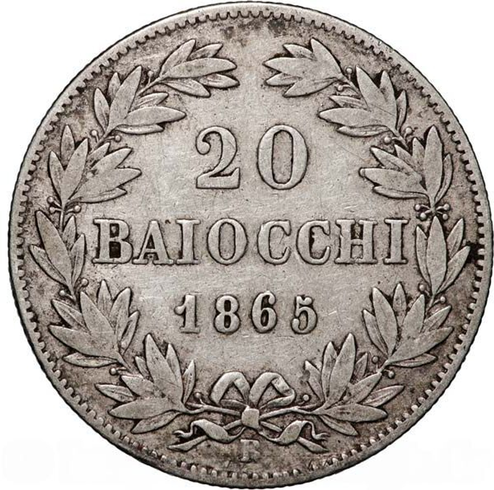 Italy Papal States 20 Baiocchi 1865 – Pope Pius IX (Rome Mint)