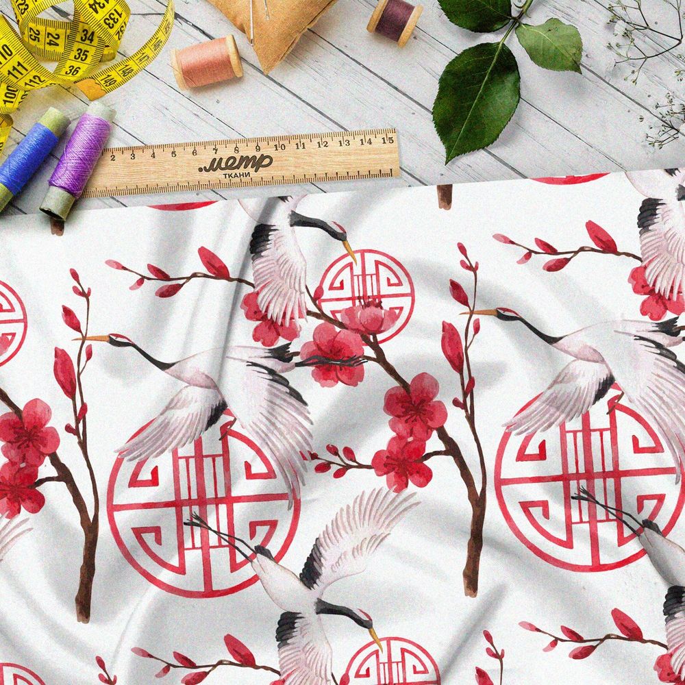 Ткань бифлекс летящие журавли и цветущая сакура