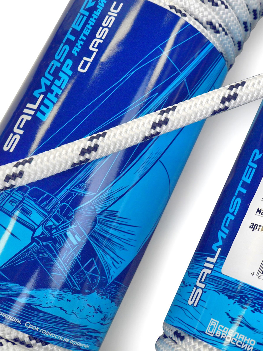 Шнур плетеный яхтенный SailMaster Classic 12,0 мм, 3000 кгс, 30м, белый/синяя прядь, моток