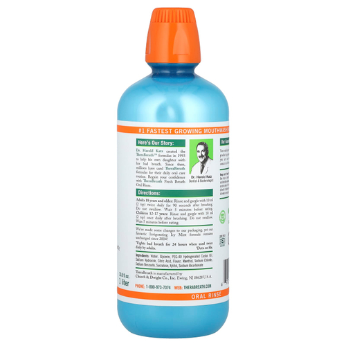 TheraBreath, Ополаскиватель для полости рта Fresh Breath, бодрящая ледяная мята, 1 л (33,8 жидк. унц.)