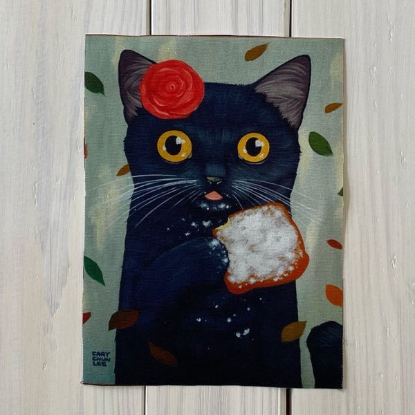 ЧЕРНЫЙ КОТИК С ПЕЧЕНЬКОЙ , панно, холст 20 / 15 см 1