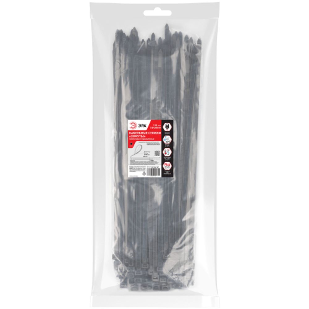 Кабельная стяжка ЭРА NO-225-190 (хомут) нейлоновая 7.6 х 200 мм чёрная (100 шт/уп)