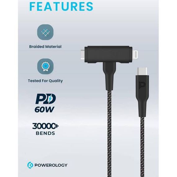 Кабель Powerology USB-C to USB-C + Lightning PD60W (PCAB007BK) Black