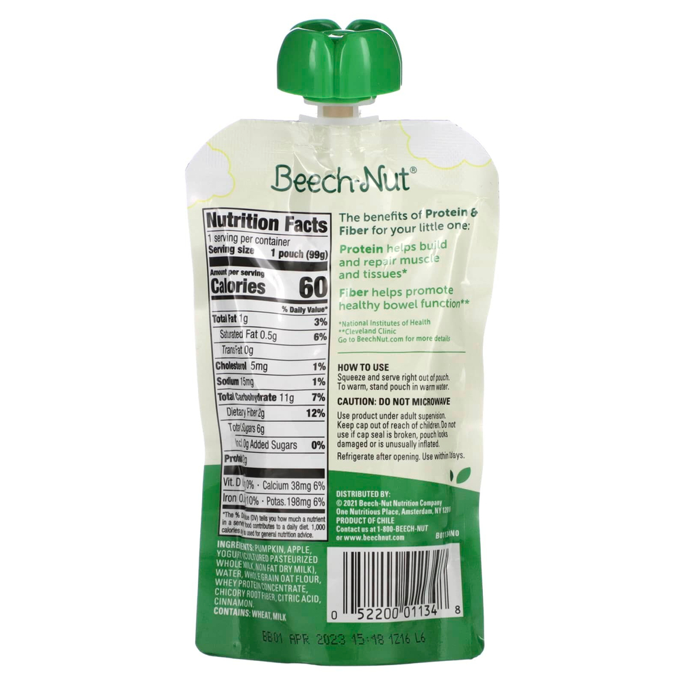 Beech-Nut, Фрукты, овощи, смесь йогурта и злаков, белок и клетчатка, от 12 месяцев, тыква, яблоко, йогурт, овес и корица, 99 г (3,5 унции)