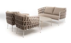 "Диего" лаунж-зона 4-местная плетеная из роупа (веревки), каркас алюминиевый белый, роуп бежевый