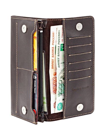 Фото функционального кошелька Классический из темно-коричневой кожи, развернутый вид с наполнением.