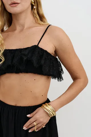 Топ из жатого хлопка черного цвета с кружевом