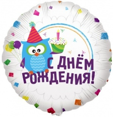 Шар (18""/46 см) Круг, С Днем Рождения (сова с капкейком), 1 шт. Е34