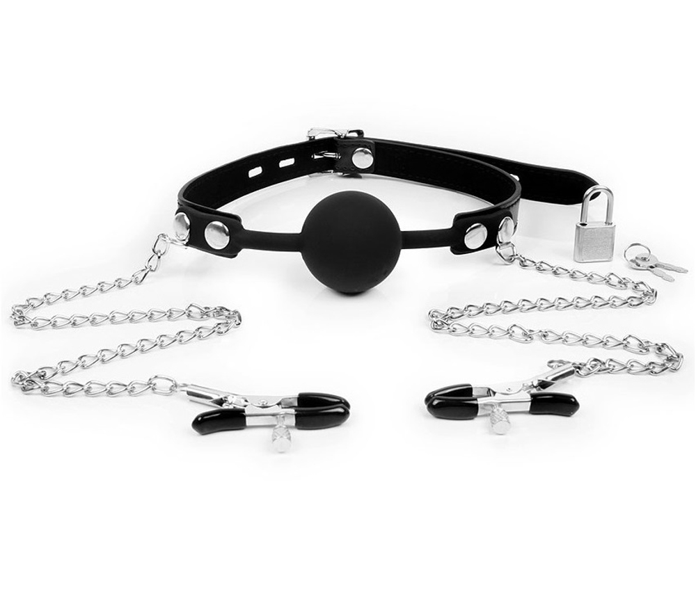 Кляп с зажимами на соски черный