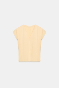 ZARA ХЛОПКОВАЯ ФУТБОЛКА С V-ОБРАЗНЫМ ВЫРЕЗОМ, ПЕРСИКОВЫЙ