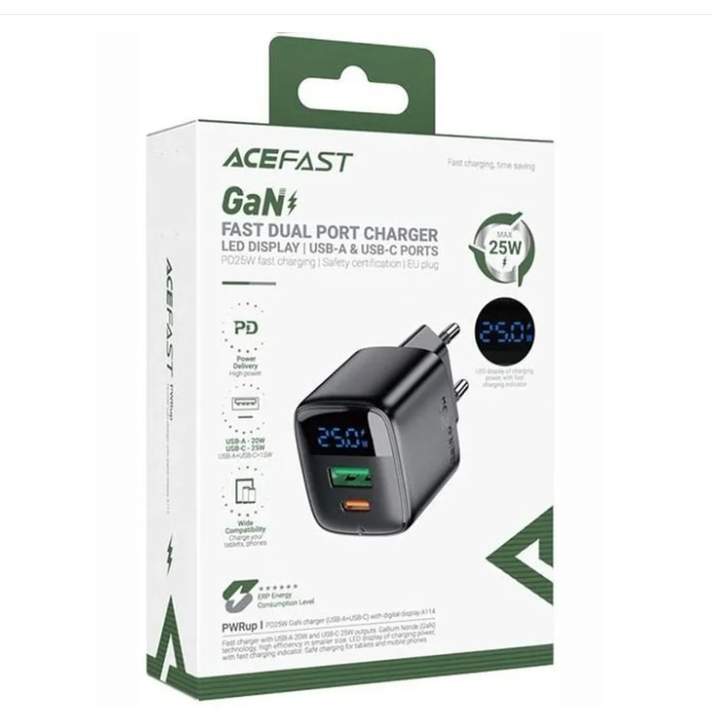 Сетевой адаптер питания ACEFAST A114 USB-C/USB A PD25W Display (черный)