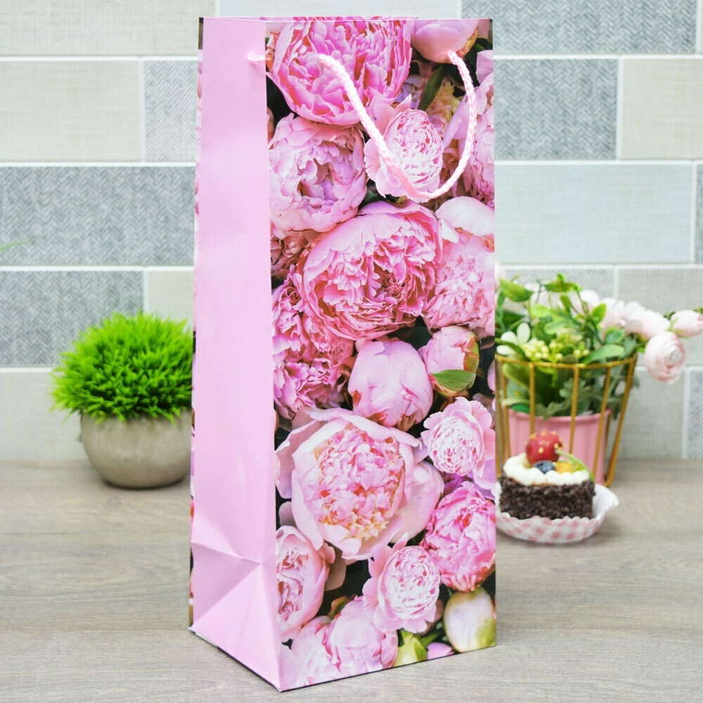 Пакет бумажный 14*35*11см с ручками "Цветы" микс