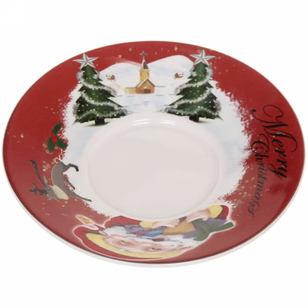 Чайная пара (зеркальная кружка 230мл+блюдце) анаморфный дизайн «Санта», красная