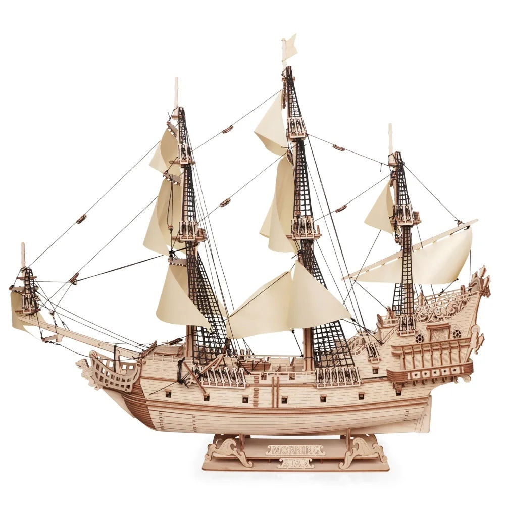 Корабль "Утренняя Звезда - 2" (Lemmo). Бежевые паруса, Сборная модель, деревянный конструктор, 3D пазл, подарки, хобби, короблестроение, судомоделизм, белые паруса