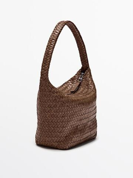 Massimo Dutti Сумка-мешок из кожи наппа с плетеным узором, жжено-оранжевый