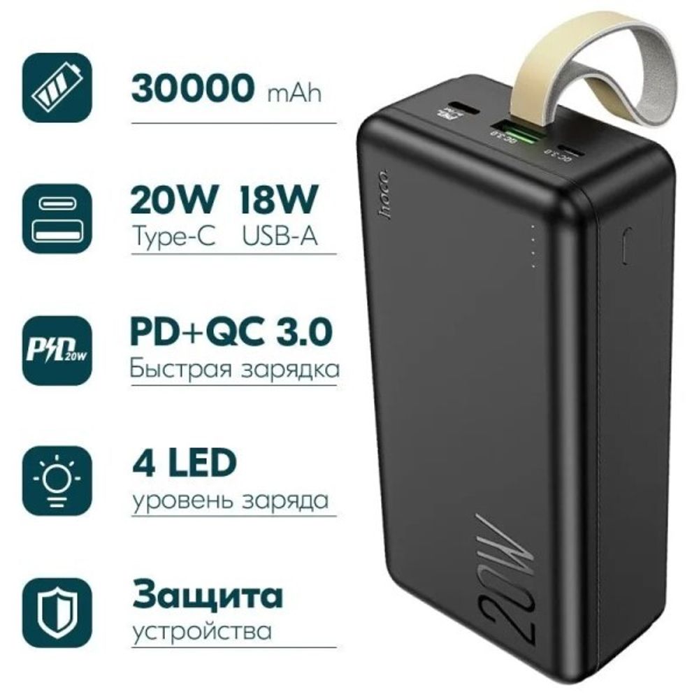 Аккумулятор внешний универс. 30000 mAh, 1 USB+2 Type-C, QC 3.0A, 20W (HOCO.)