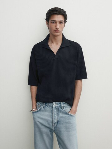 Massimo Dutti Поло из хлопка и льна в рубчик, темно-синий
