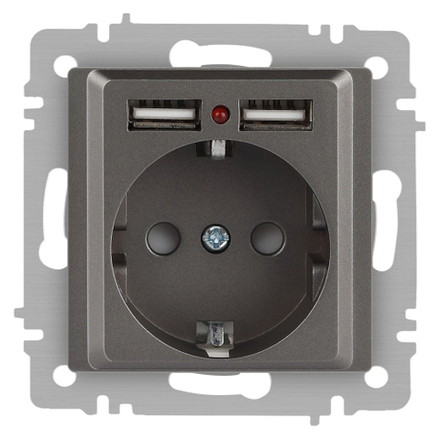 Розетка Intro Accent 6-410-09 P+E Schuko со шторками, 16А-250В + 2хUSB, IP20, СУ, титан