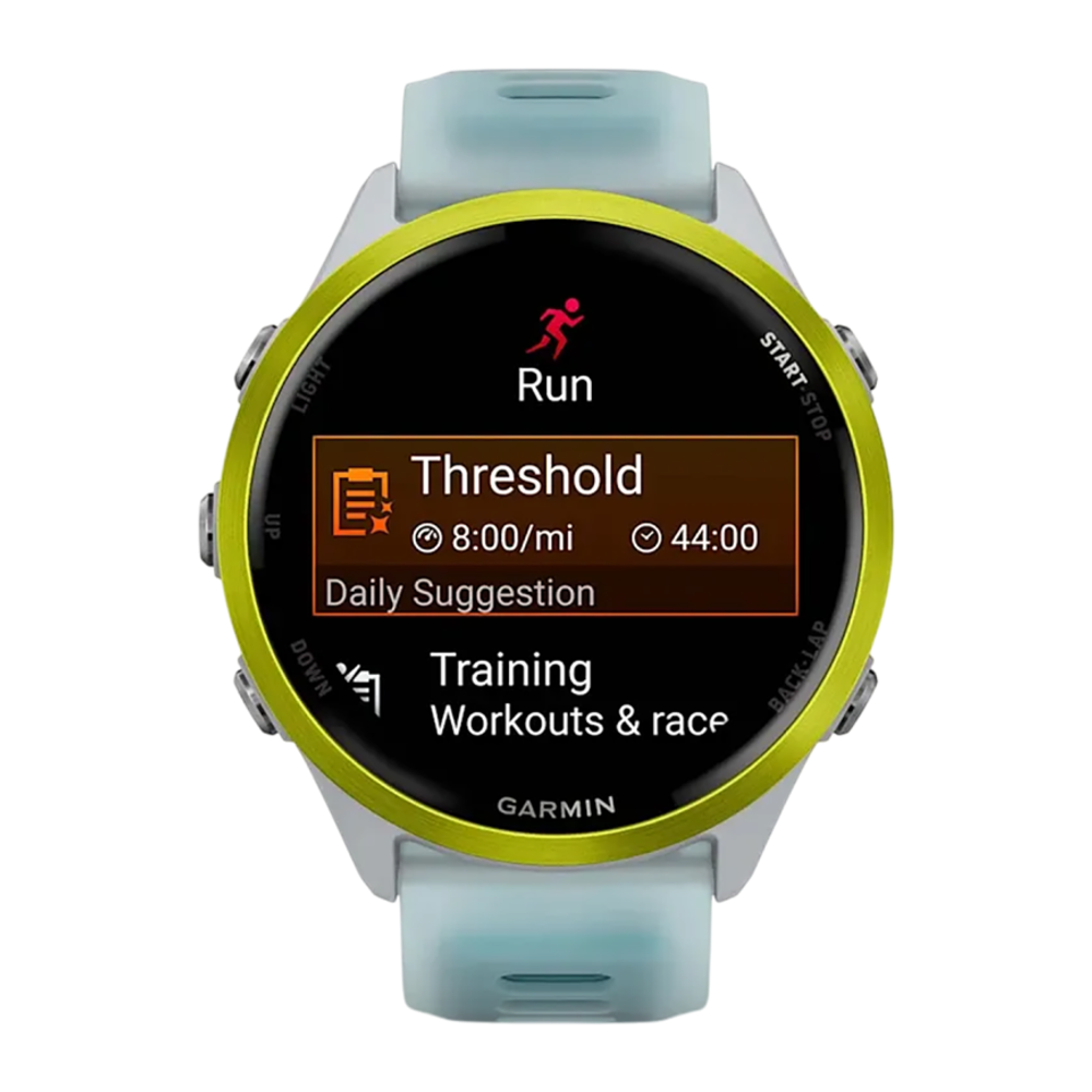 Спортивные часы Garmin Forerunner 570, 47 мм, силиконовый ремешок цвета «полупрозрачный серый»/бирюзовый Ярко-жёлтый алюминиевый безель, AMOLED-дисплей с Gorilla Glass 3. Ремешок с классической застёжкой — на запястье обхватом 135–205 мм