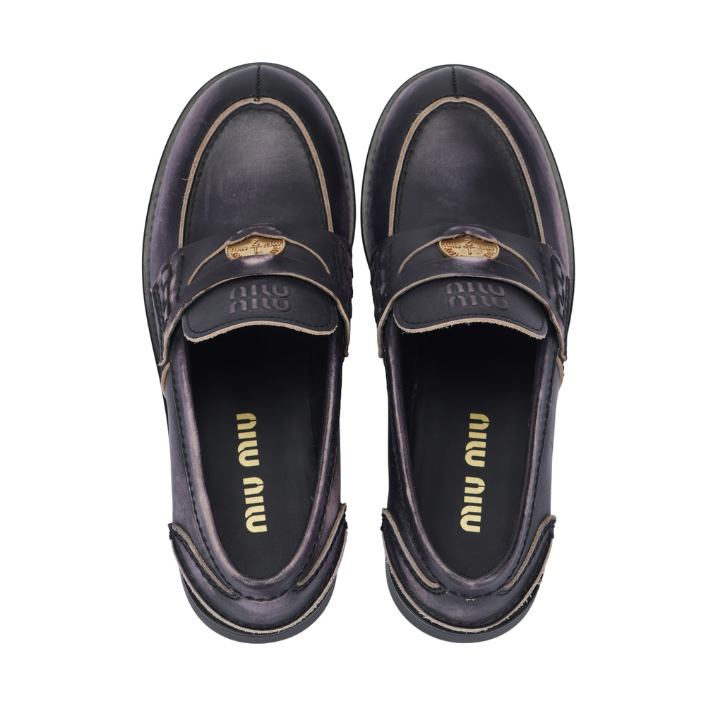 MIU MIU Leather Loafers Women"s Vintage Blue