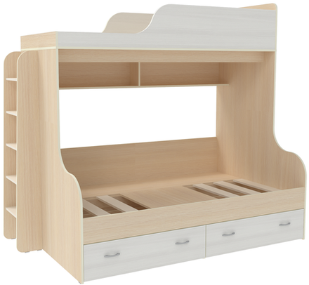 Двухъярусная кровать КарИВи Дуэт-15 с деревянной лестницей  Дуб Молочный Белое Дерево