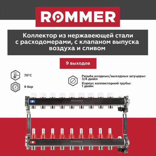 Коллекторная группа ROMMER 9 выходов нержавеющая сталь с расходомерами RMS-1201-000009