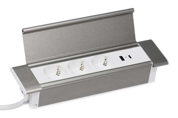 Блок розеток с откидной крышкой (3 розетки, USB-A, USB-C) G4103Q-2AC.N Серебро/Белый 260*66*11