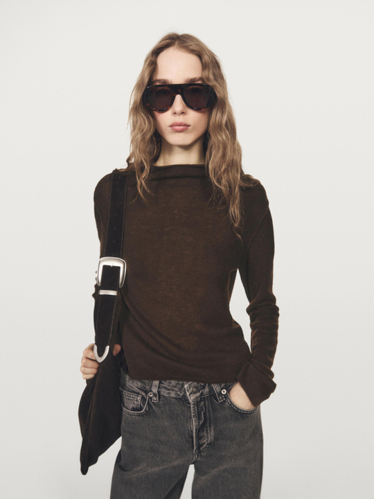 Massimo Dutti Свитер из смесовой шерсти с воротником-стойкой, коричневый