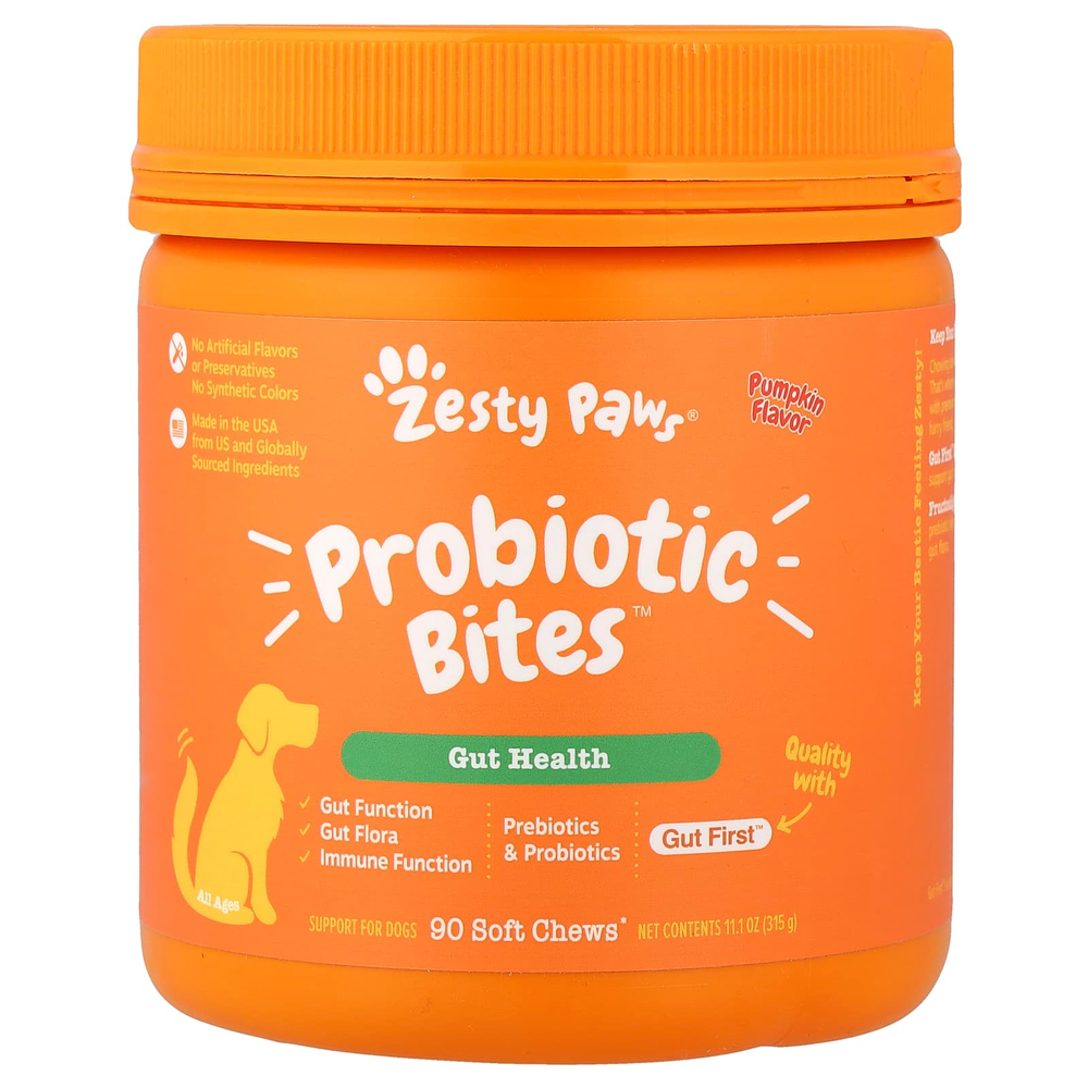 Zesty Paws, Probiotic Bites ™, для собак, для всех возрастов, тыква, 90 жевательных таблеток, 315 г (11,1 унции)