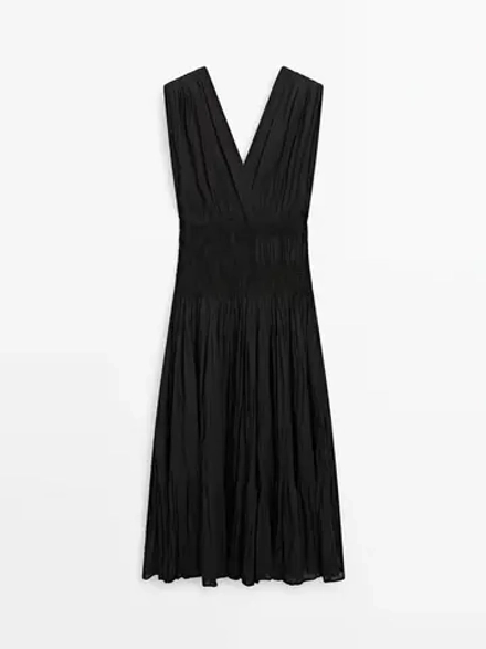 Massimo Dutti Плиссированное платье миди со сборками, черный