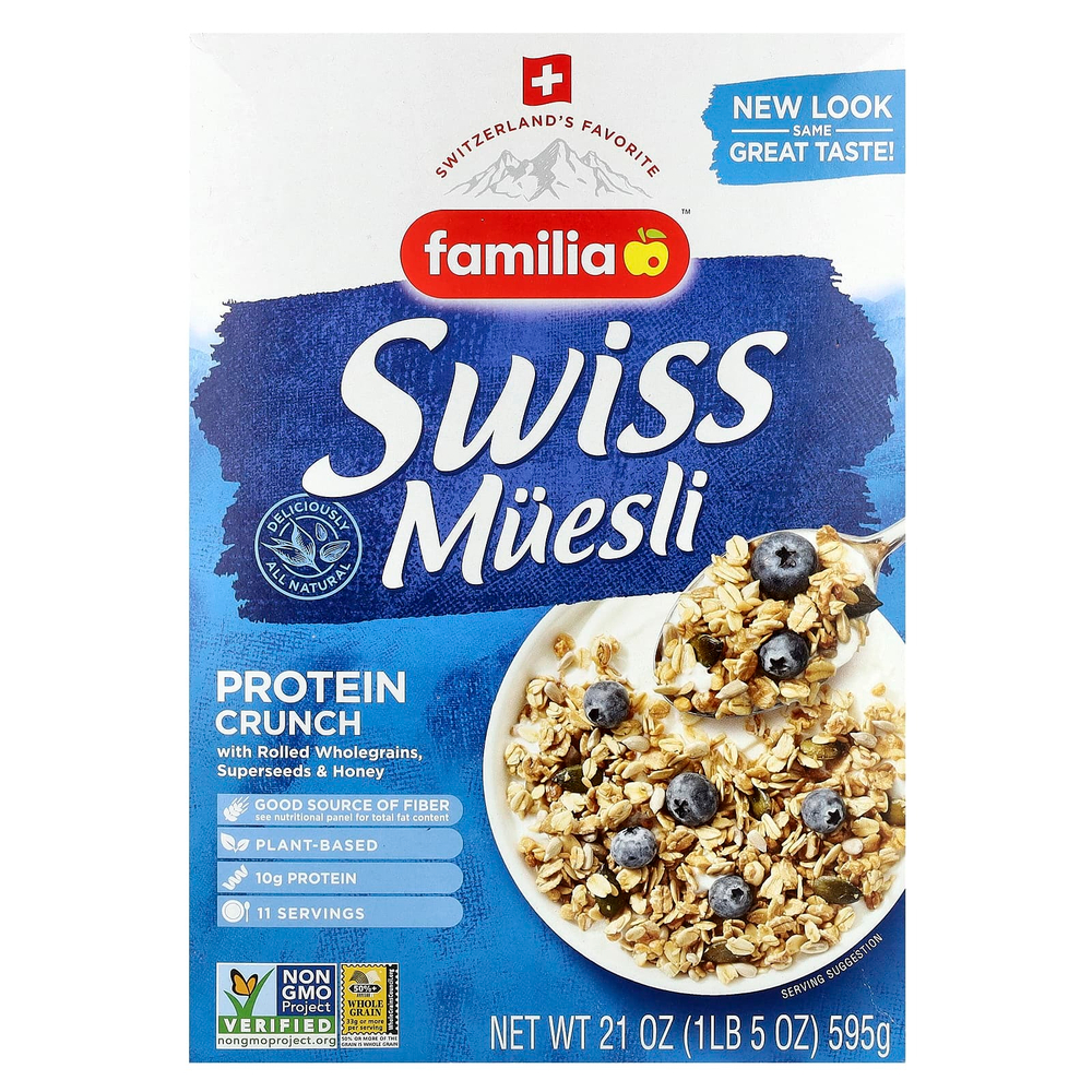 Familia, Swiss Muesli, протеиновый кранч с цельнозерновыми роликами, суперсемена и мед, 595 г (21 унция)