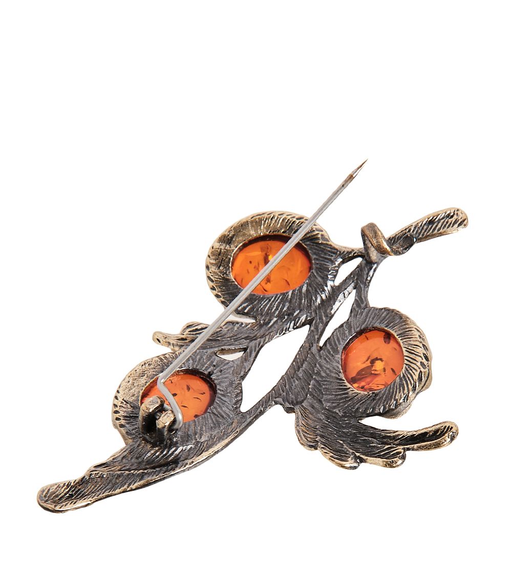 AM-2028 Брошь «Веточка шиповника» (латунь, янтарь)