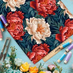 Ткань премиум габардин пионы на сероголубых листьях