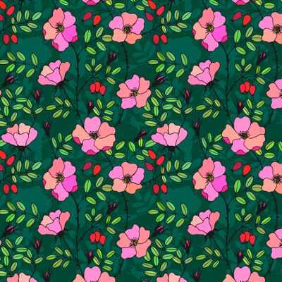 Seamless pattern.Rosehip plant with fruits and flowers.