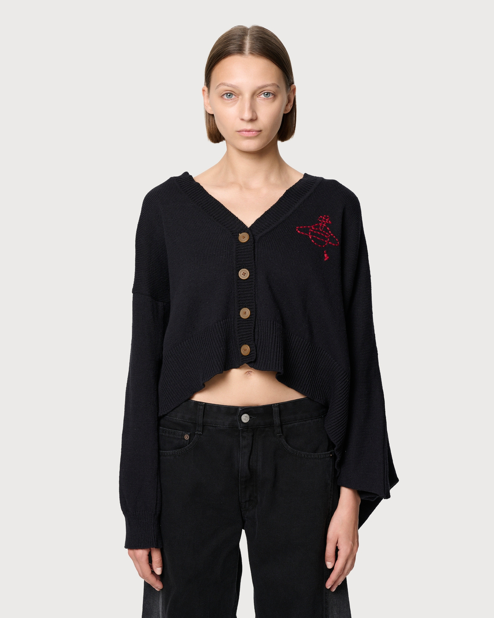 VIVIENNE WESTWOOD RED LEBEL КАРДИГАН ЧЕРНЫЙ АСИММЕТРИЧНЫЙ НА ПУГОВИЦАХ С ЛОГОТИПОМ БРЕНДА