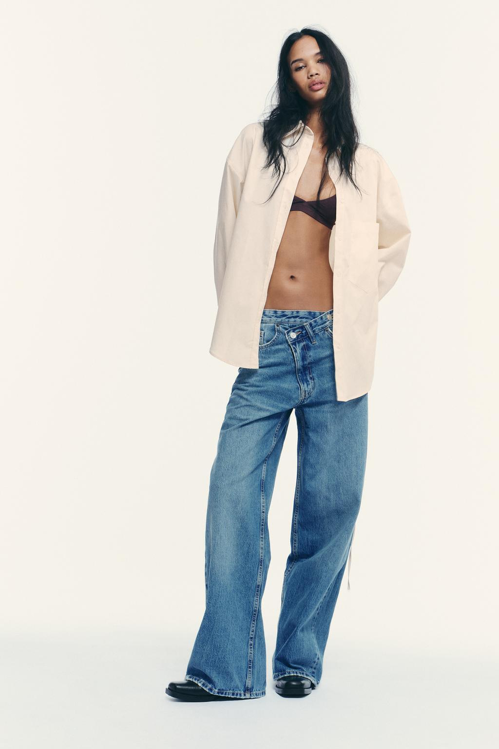 ZARA РУБАШКА ОВЕРСАЙЗ С ЗАВЯЗКАМИ, СВЕТЛО-БЕЖЕВЫЙ