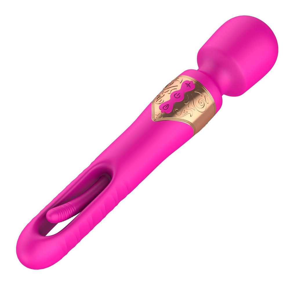 Розовый двусторонний wand-вибратор с функцией фингеринга - 26 см. (Цвет: розовый)