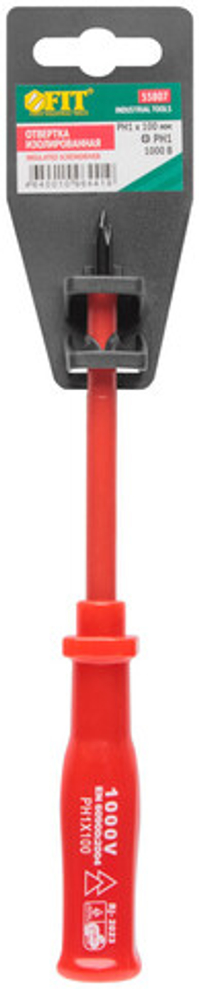Отвертка изолированная 1000 В, crv сталь, пластиковая ручка РН1 х 100 мм 55807 FIT