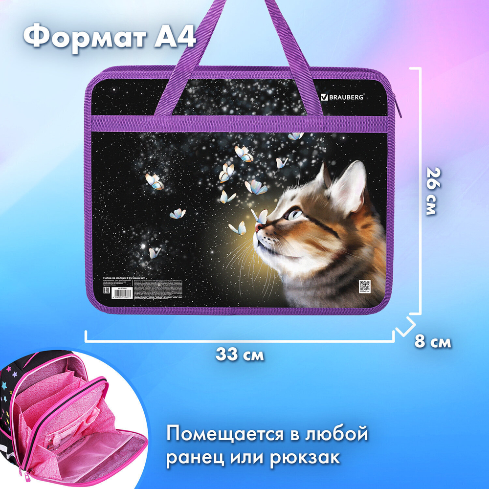 Папка на молнии с ручками BRAUBERG А4 1 отделение пластик 80 мм "Dream cat" (3 штуки в упаковке)