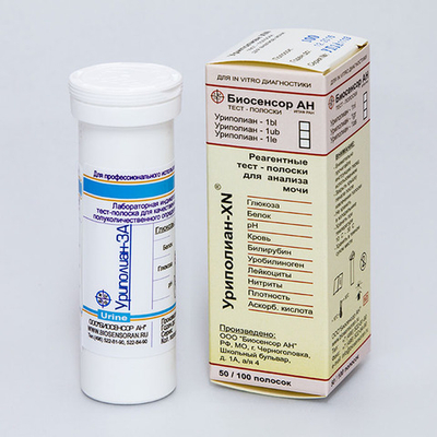 Уриполиан - 3А, (ТРОЙНОЙ ТЕСТ: глюкоза, белок, рН), Биосенсор АН, 100 полосок, 1уп.