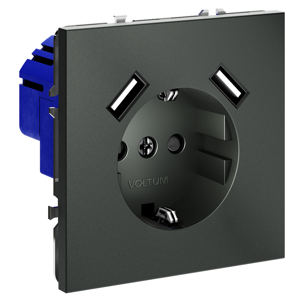 Розетка встраиваемая VOLTUM S70 с заземлением и защитными шторками, 16А, с USB, A+A, (титан)